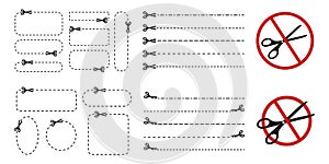 Set of cut here icons. Scissors pictograms with dotted lines and square, circle, oval, rectangle frames and scissors