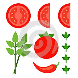 Set of cut slices of tomato, red pepper, green leaves flat icon vector isolated