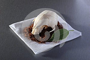 Set cut Tobacco, skull of bird and leaf on napkin on the table.