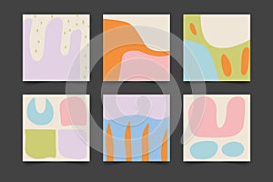 Set of cute abstract cards with simple hand drawn shapes collage. Primitive art background collection on pastel colors