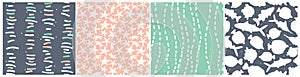 Set of cute abstract pastel green pink blue white seamless patterns. Ocean and sea simple underwater topic: fish, stars, water