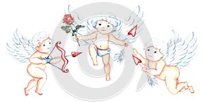 A set of cute, adorable adorable Cupids with arrows and a bow. Little angels or the god Eros. A hand-drawn
