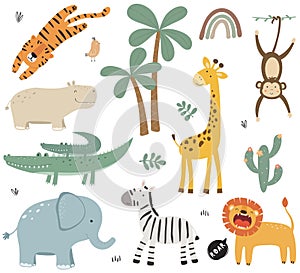 Set of cute african animals. Elephant, tiger, leon, giraffe, hippo, zebra, monkey, crocodile and bird