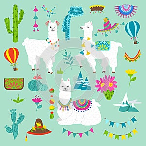 Set of cute alpacas and hand drawn elements. Llamas and cacti vector illustration. Summer design elements for greeting cards, baby