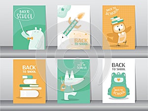 Set of cute animal for back to School card set, school kids,note,learning,animal,cool, Vector illustration.