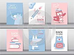 Set of cute animal for back to School card set, school kids,note,learning,animal,cool, Vector illustration.