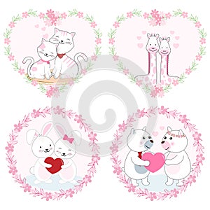 Set of cute animal character and lace frame, valentine`s day illustration