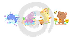 Set of cute animal character with whale, elephant, rabbit and bear, coloring page