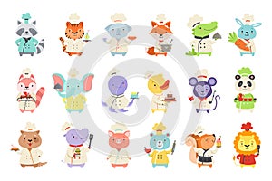 Set of Cute Animal Characters in Chef Uniform Cooking Tasty Dishes Cartoon Vector Illustration