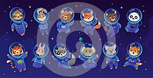 Set of cute animal characters in spacesuits and helmets floating in space