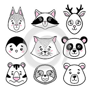 Set of cute animal faces black, white. panda, sloth, squirrel, raccoon, penguin, kitty, tiger deer, bear in scandinavian style. de