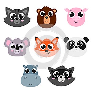 Set of cute animal faces. Vector cartoon illustrations. Isolated on white