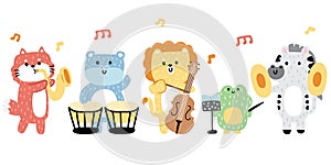 Set of cute animal soft hair playing musical instruments.Concert.Music.Song.Fox