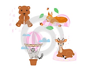 Set of cute animals for baby girls. Bear, lemur, squirrel, deer