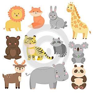 Set of cute animals in cartoon style isolated on white background. Vector graphics