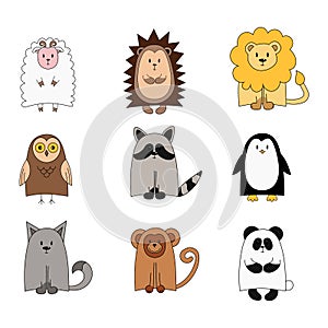 Set of cute animals for the design of children`s clothing, posters, cards, alphabets. Color vector illustration