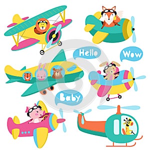 Set of cute animals flying on a airplanes hand drawn vector