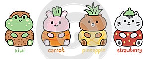 Set of cute animals in fruit and vegetable costume.Pet and wild animal chracter cartoon