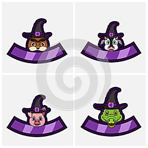 Set Cute Animals Head Character. For Logo, Icon, badge, emblem and label with Witch Hat. Owl, Cow, Pig and Crocodile.