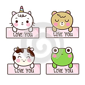 Set of cute animals labels cartoon, Kawaii unicorn cat vector, cow, bear, frog: Sweet characters, pastel color Illustration