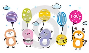 Set of cute animals line hand drawn style hold colorful balloon on cloud sky background.Sloth