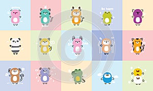 Set of cute animals line hand drawn style stand on pastel background with tiny icon.Animal