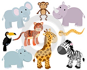 Set Cute animals lion elephant giraffe parrot monkey tiger snake rhino rhino zebra hippo vector illustration