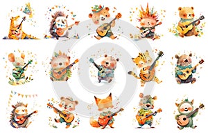 Set of cute animals with musical instruments. Cartoon animals playing guitars. Isolated watercolor illustrations. Sticker clipart