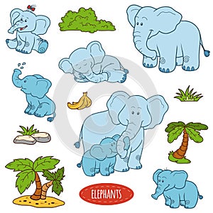 Set of cute animals and objects, vector stickers, family of elephants