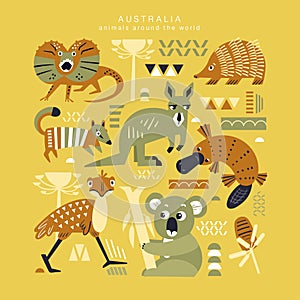 Set of cute animals and plants of Australia. Decorative handmade poster for print. Isolated icons in scandinavian style