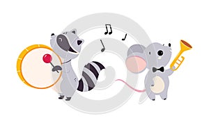 Set of cute animals playing musical instruments. Raccoon and mouse playing drum and trumpet cartoon vector illustration