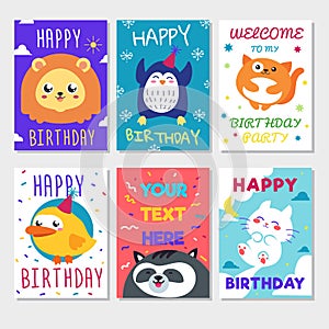 Set of cute animals poster. Cute Happy birthday greeting card for child fun cartoon style There are birthday gifts funny animals