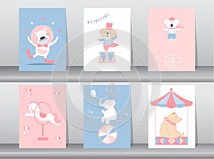 Set of cute animals poster,template,cards,animal,zoo, circus,Vector illustrations