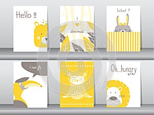 Set of cute animals poster, template, cards, bear, bird, lion, rabbit, zoo, Vector illustrations