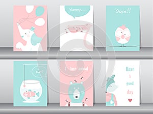 Set of cute animals poster,template,cards,elephant,bird,fish,bear,wolf,zoo,Vector illustrations