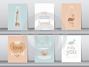 Set of cute animals poster,template,cards, elephant,bird,giraffe,zoo,Vector illustrations.