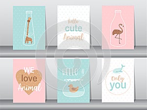 Set of cute animals poster,template,cards,elephant,bird,giraffe,zoo, Vector illustrations.