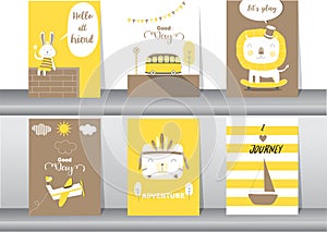 Set of cute animals poster,template,cards,rabbit,bear,zoo,kawaii,Vector illustrations