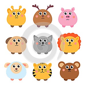 Set of cute animals rounded shape. Round animals. Vector illustration