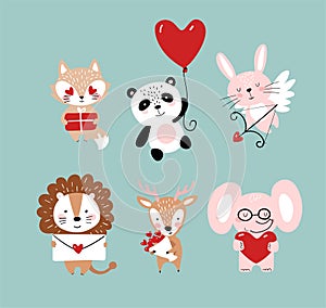 Set of cute animals for Valentine s Day. Elephant, panda, bunny with a heart. Romantic vector illustration isolated on