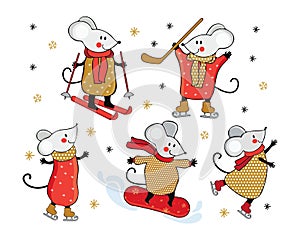 Set with cute animals in winter, playing, skiing, sledding, snowboarding, skating, play hockey. Cute cartoon mice engaged in