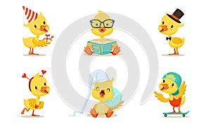 Set Of Cute Animated Chickens In Different Poses Vector Illustration Cartoon Character