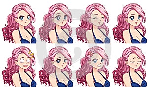 A set of cute anime girl with different expressions