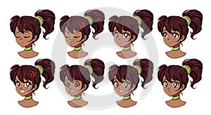 A set of cute anime girl with different expressions. Dark hair, big black eyes.
