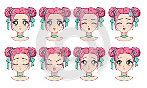 A set of cute anime girl with different expressions. Pink hair, big green eyes.