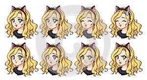 A set of cute anime girl wearing cat costume with different expressions.