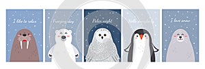 Set of cute arctic animals in cartoon style. snowy owl, penguin, walrus, fur seal and polar bear