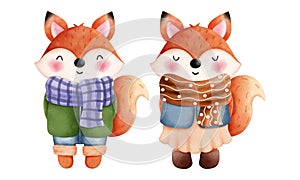 Set of cute autumn foxes illustrations.Watercolor clipart of a cute foxes in an colorful autumn clothes