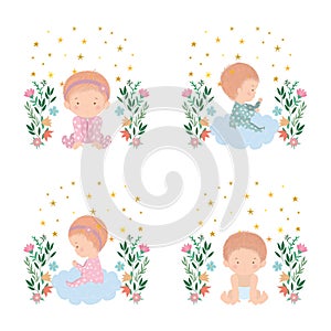 Set of cute babies with flowers and leaves vector design