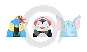 Set of Cute Baby Animals in Headdresses, Lovely Parrot, Penguin, Elephant in Headgears Cartoon Vector Illustration